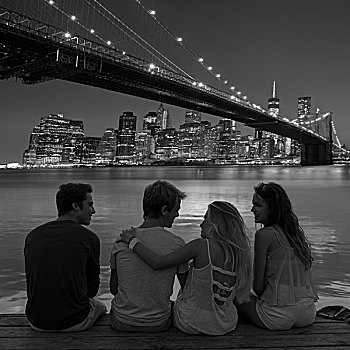 朋友,群体,后视图,日落,高兴,有趣,纽约,曼哈顿,照片