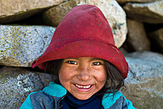 微笑,女孩,戴着,帽子,盖丘亚族,北方,秘鲁,南美