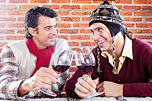 两个,朋友,祝酒,葡萄酒杯,餐馆