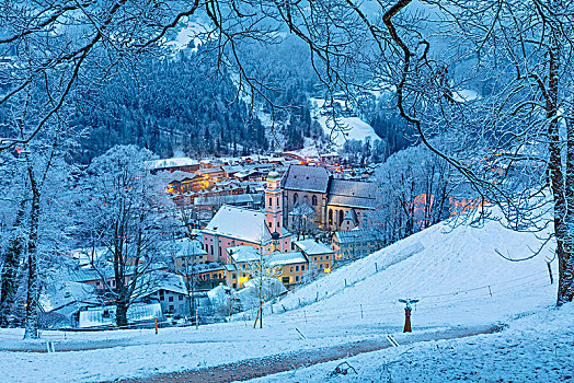 历史,城镇,冬天,雪,贝希特斯加登地区,上巴伐利亚,巴伐利亚,德国