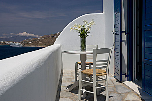 希腊,米克诺斯岛,露台,桌子,椅子,停靠,游船,远景