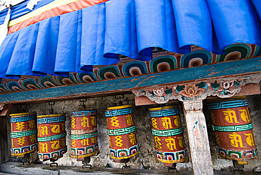 寺院,东北方,印度,线条,转经轮,墙壁,蓝色,褶皱,帘