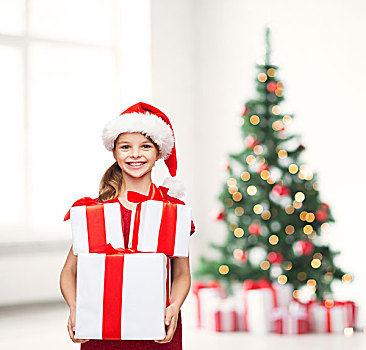 圣诞节,圣诞,冬天,高兴,概念,微笑,女孩,圣诞老人,帽子,许多,礼盒