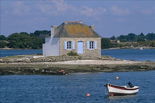 法国,布列塔尼半岛,莫尔比昂省,牡蛎,小屋,小船