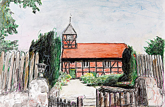 半木结构,教堂,石荷州,北德,涂绘,水彩,德国