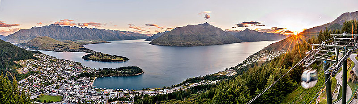 吊舱,风景,瓦卡蒂普湖,皇后镇,日落,景色,自然保护区,山脉,壮观,奥塔哥,南岛,新西兰,大洋洲