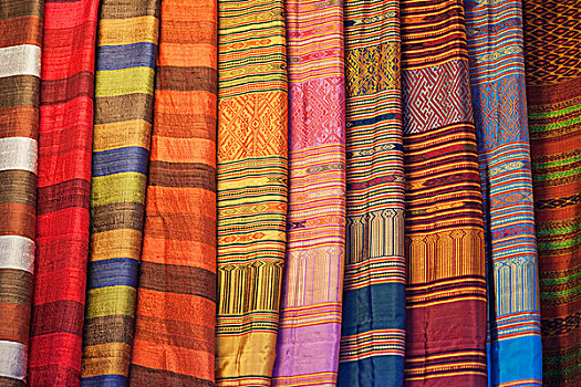柬埔寨,收获,老,市场,材质,丝绸,店,特写,围巾