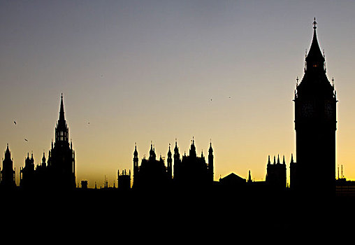 英格兰,伦敦,威斯敏斯特,日落,后面,大本钟,议会大厦,建筑