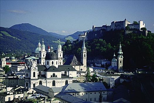 俯拍,大教堂,堡垒,山,霍亨萨尔斯堡城堡,萨尔茨堡,奥地利