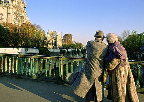 法国,巴黎,老年,夫妻,走,挽臂,桥,靠近,圣母大教堂