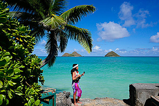 女人,玩,夏威夷四弦琴,莫库鲁阿岛,岛屿,瓦胡岛,夏威夷