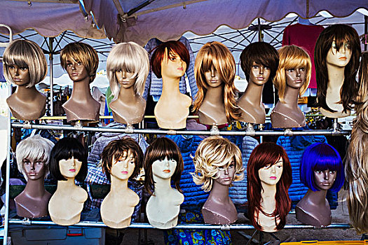 假发,货摊,女性,人体模型,头部,展示,长,短发,风格,多样,彩色