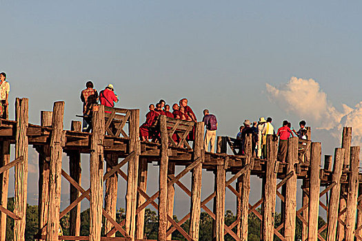 乌本桥,柚木,湖,曼德勒,缅甸
