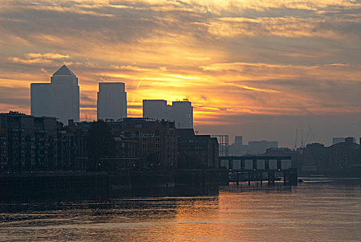 金丝雀码头,日出,上方,泰晤士河,伦敦