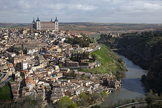 俯拍,城市,塔霍河,托莱多,卡斯蒂利亚,拉曼查,西班牙