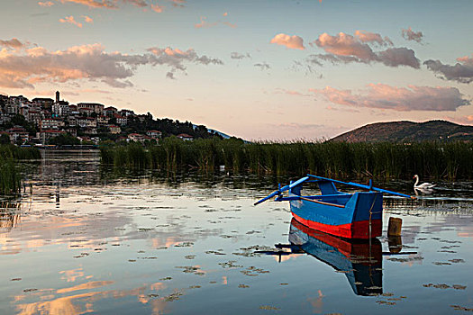 希腊,西部,马其顿,风景,城镇,湖,黎明,渔船