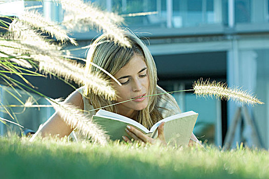女人,卧,草丛,读,书本