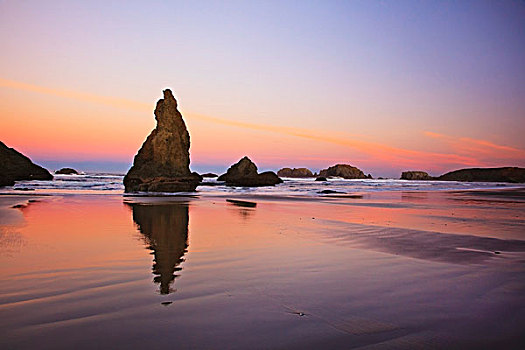 日落,上方,岩石构造,反射,潮汐,水池,退潮,班顿海滩,俄勒冈,美国