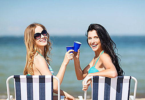 暑假,度假,女孩,比基尼,饮料,沙滩椅