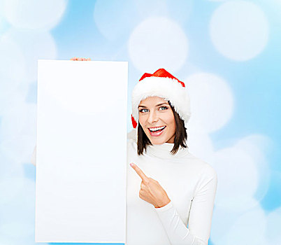 寒假,圣诞节,广告,人,概念,微笑,少妇,圣诞老人,帽子,白色,留白,广告牌,上方,蓝色,背景