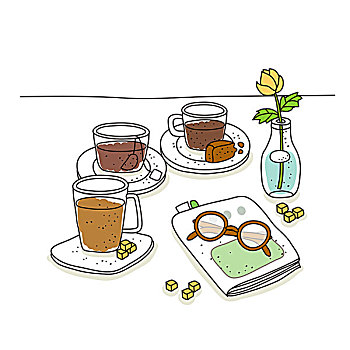 插画,茶杯,花,玻璃