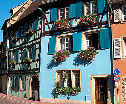 绿色,蓝色,半木结构房屋,地区,科尔玛,阿尔萨斯,法国