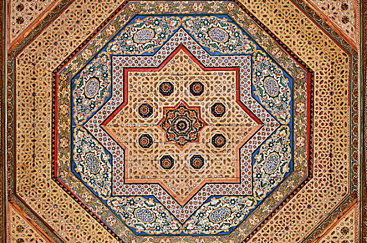 涂绘,天花板,巴伊亚,宫殿,麦地那,马拉喀什,世界遗产,摩洛哥,北非
