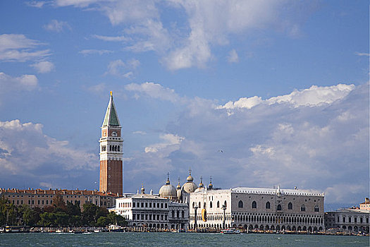 威尼斯,水岸,全景,下午,亮光,钟楼,总督,总督宫,邸宅,夏天,威尼托,意大利,欧洲