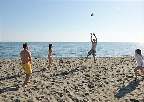 年轻人,群体,开心,玩,沙滩排球