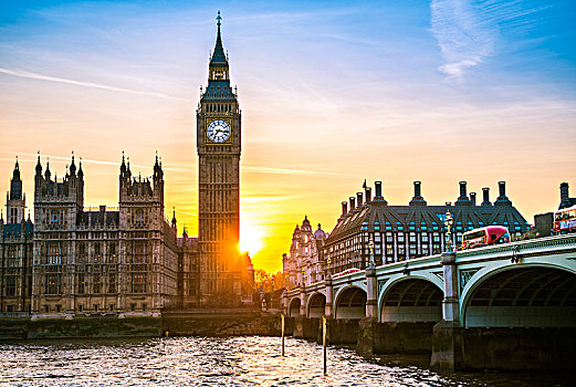 大本钟,逆光,日落,议会大厦,威斯敏斯特桥,泰晤士河,威斯敏斯特,伦敦,区域,英格兰,英国,欧洲