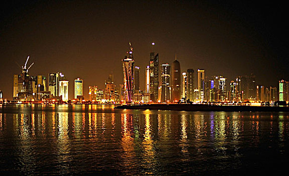 夜晚,多哈,天际线,卡塔尔,波斯湾,中东,亚洲