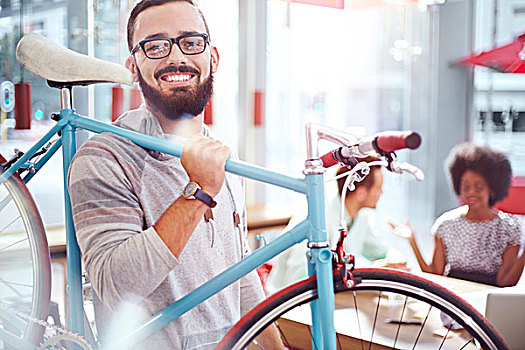微笑,男人,自行车,咖啡