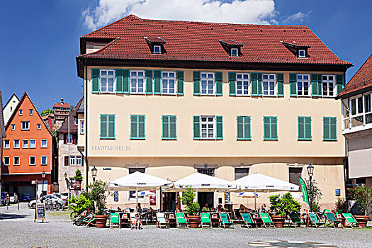 折叠躺椅,户外,咖啡,正面,城市,博物馆,埃斯林根,巴登符腾堡,德国,欧洲