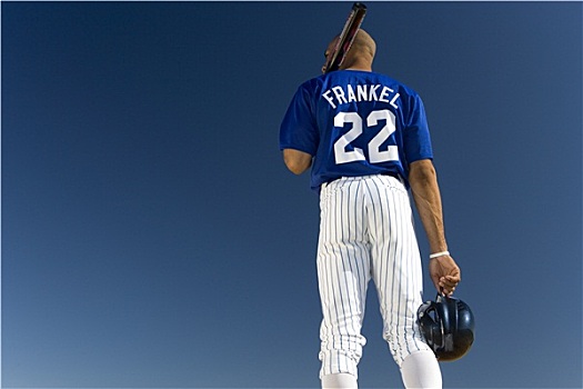 棒球手,站立,清晰,蓝天,球棒,肩上,后视图,仰视