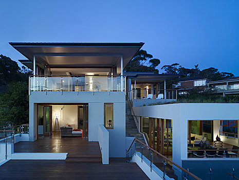房子,悉尼,澳大利亚,集合,建筑师,黄昏,卧室,客厅,游泳池,平台