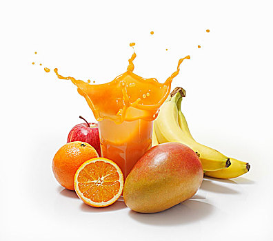 溅,果汁,玻璃杯,围绕,橘子,香蕉,芒果,苹果