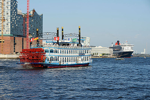 桨轮船,玛丽女王二世号,汉堡市,游轮,白天,港口,交响乐团,左边,施工,德国,欧洲
