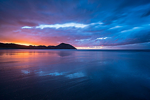 日落,海滩,地区,南岛,新西兰