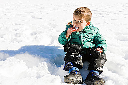 学龄前男童,坐,积雪,地面,吃,雪