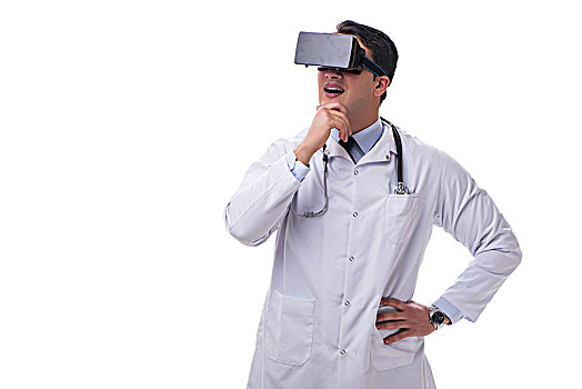 医生,戴着,虚拟现实,眼镜,白色背景