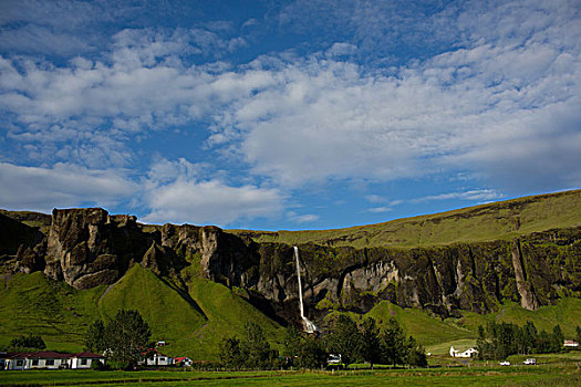 遥远,乡村,瀑布,流动,上方,茂密,青山,山脉,冰岛