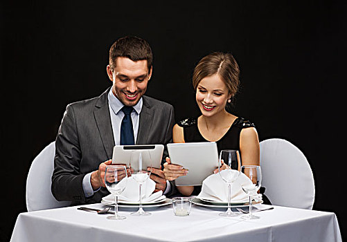 餐馆,情侣,科技,假日,概念,微笑,菜单,平板电脑,电脑