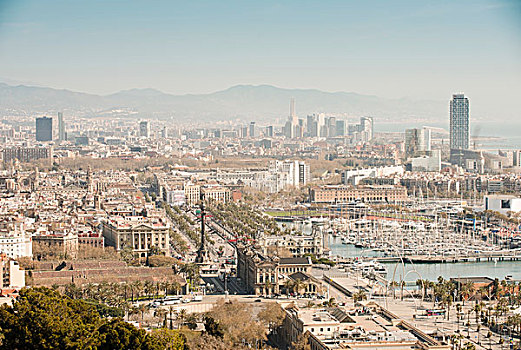 俯视图,沿岸,码头,游艇,巴塞罗那,西班牙