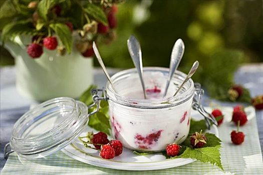 树莓酸奶,罐头瓶,勺子,花园