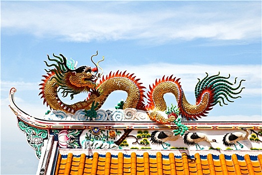 彩色,龙,雕塑,中国,庙宇,屋顶