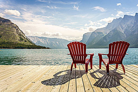 码头,椅子,湖,班芙国家公园,艾伯塔省,加拿大,北美