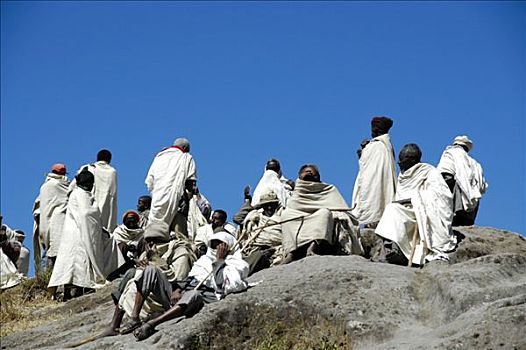 埃塞俄比亚,东正教,跟随,衣服,白色,斗篷,汇集,石头,寺院,拉里贝拉,非洲
