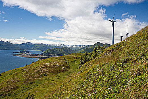 风轮机,柱子,山,风,电,联系,科迪亚克岛,西南方,阿拉斯加,夏天