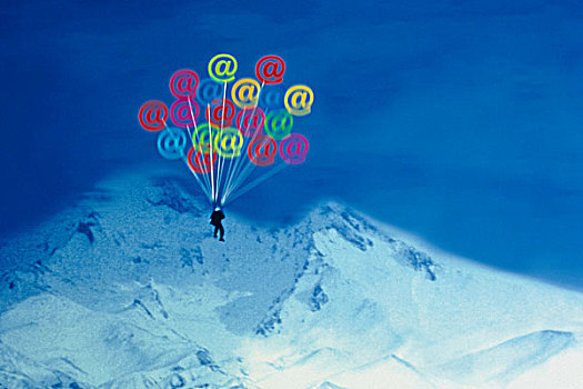 男人,漂浮,上方,雪,遮盖,山,风景,拿着,气球,形状,电子邮件,象征