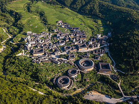 航拍中国福建初溪客家土楼群